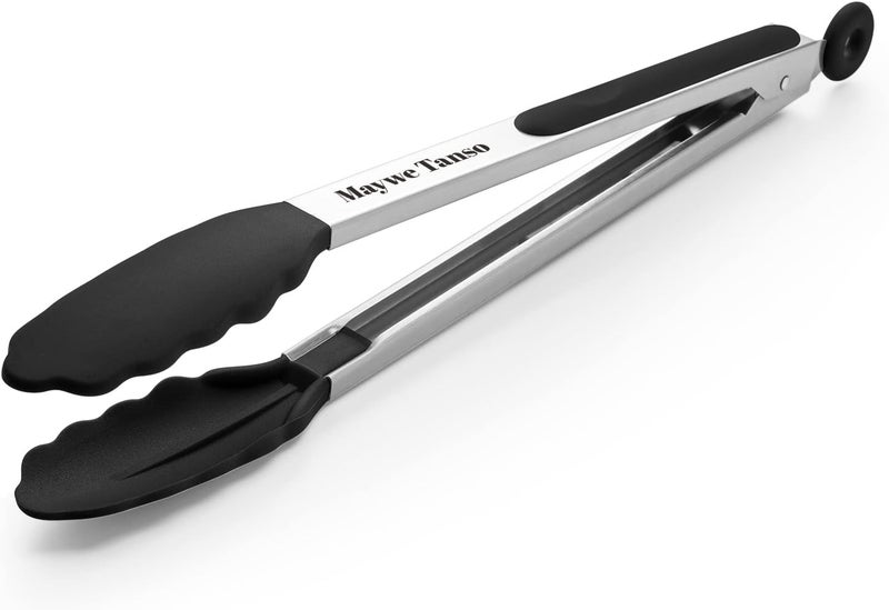 Maywe Tanso 600℉ Heat Resistant Kitchen Tongs for Cooking with Silicone Tips, 12-Inch Stainless Steel Locking Cooking Tongs Food Tongs for BBQ,Cooking,Salad and Serving Food,Heavy Duty,Non-Stick,Black - Image 1